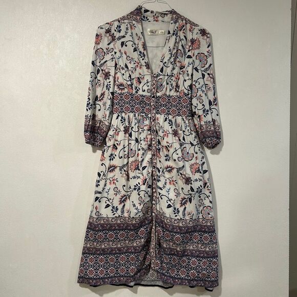 Eliza J Women’s Size 4 Boho Floral Midi Dress – V-Neck Button Front 3/4 Sleeve - Picture 3 of 10
